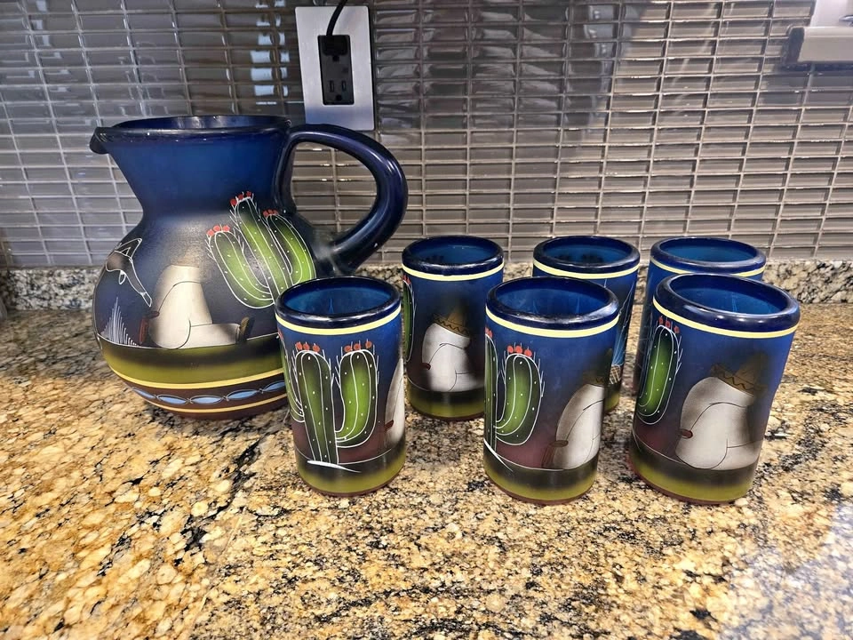 Hand-Painted Mexican Pitcher and Tumbler Set