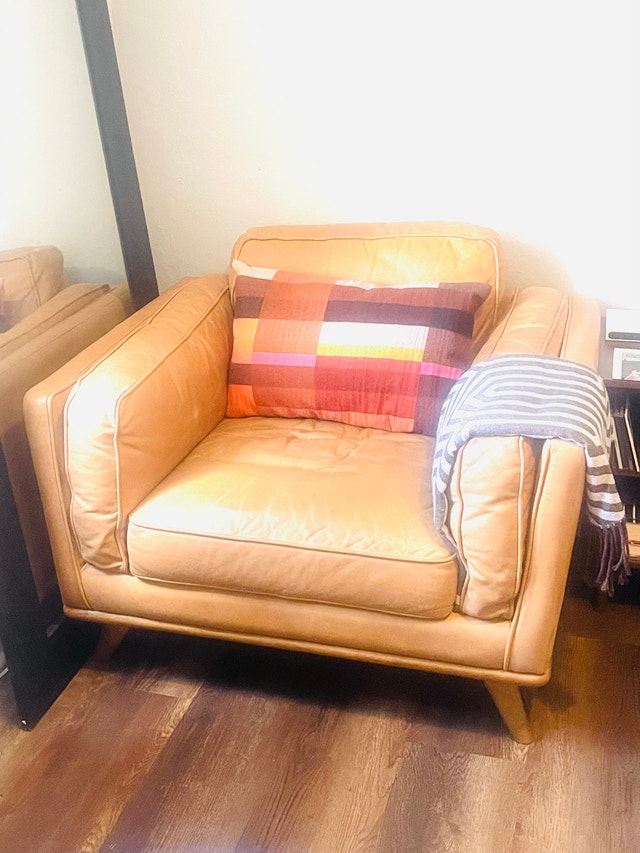 Article Timber 41” Leather Lounge Chair – Honey Oak / Caramel