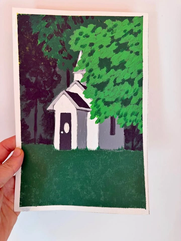 Original Church Landscape Acrylic Painting
