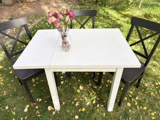 IKEA Nordviken drop leaf table and 3 Ingolf chairs