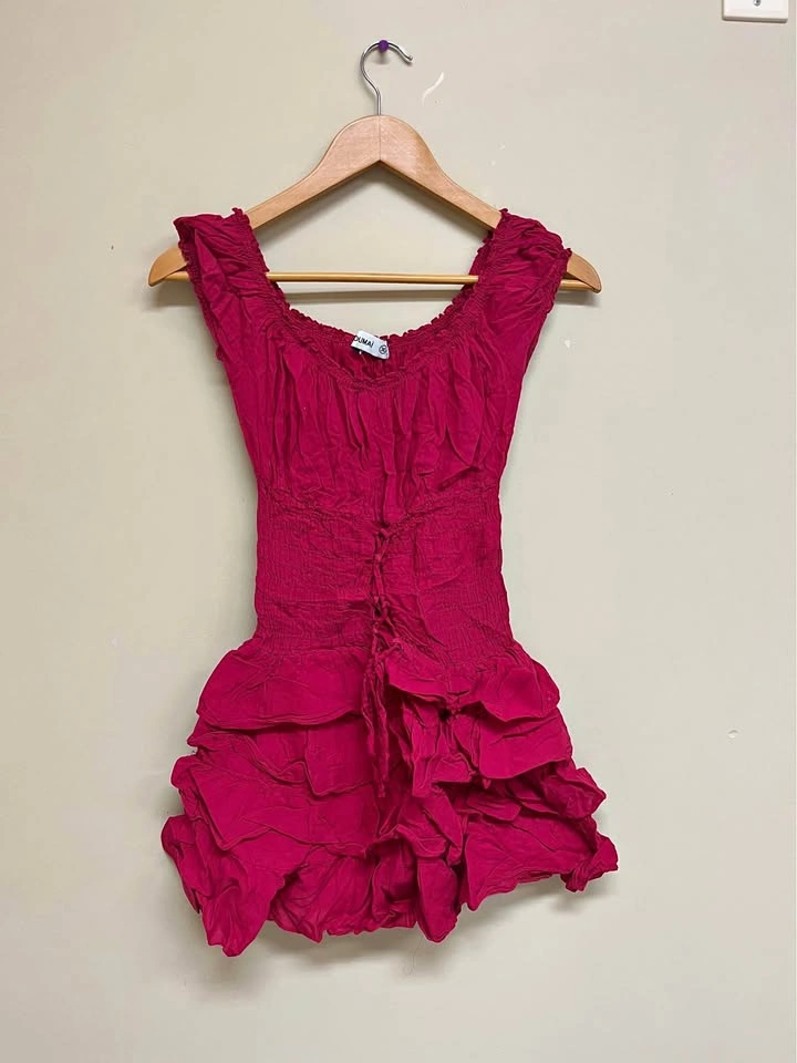 TOUMAÏ Magenta Ruffled Mini Dress – Lace-Up Front – Size S (36)