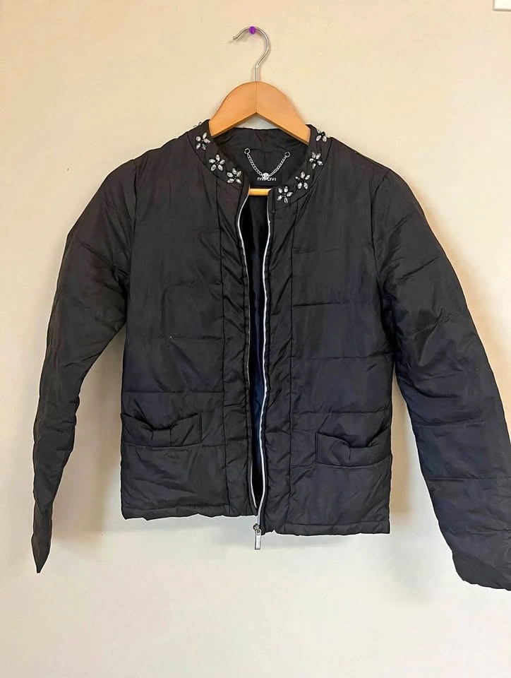 Motivi Black Quilted Jacket with Floral Embellishments- Size S
