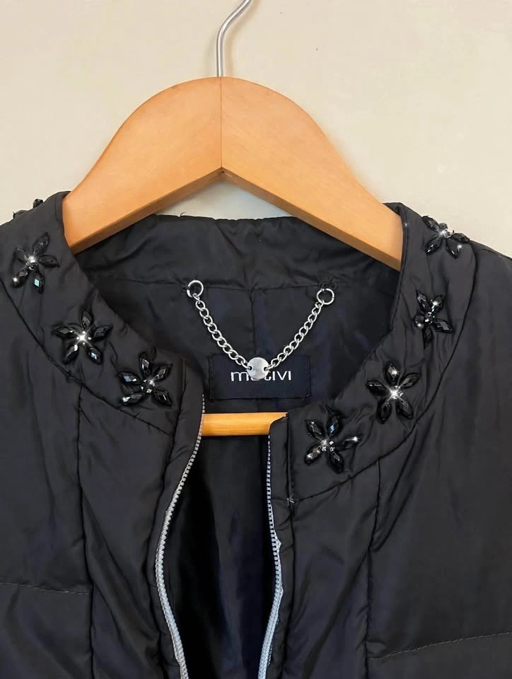Motivi Black Quilted Jacket with Floral Embellishments- Size S - photo 2