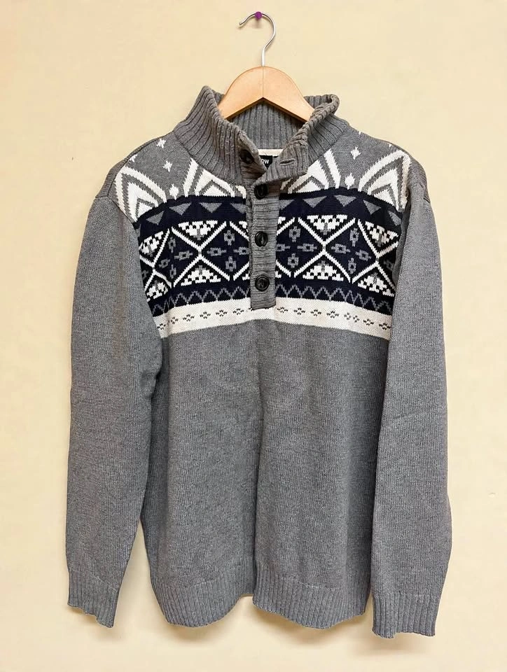 Grey Fair Isle Quarter-Button Sweater -Size L