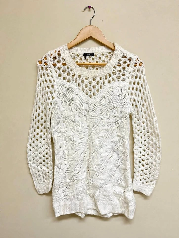 Dex White Cable Knit Crochet Sweater- Size M