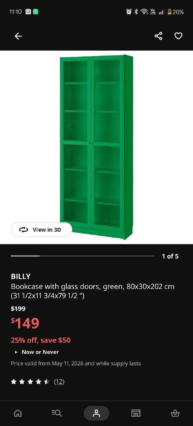 IKEA BILLY Bookcase w/ Glass Doors – Green – Like New - photo 4