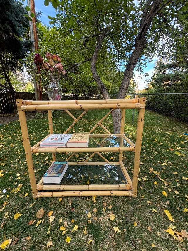 Vintage bamboo & glass console table