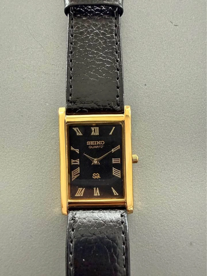 Restored Vintage Seiko Slim Tank Quartz, Gold Case Black Dial