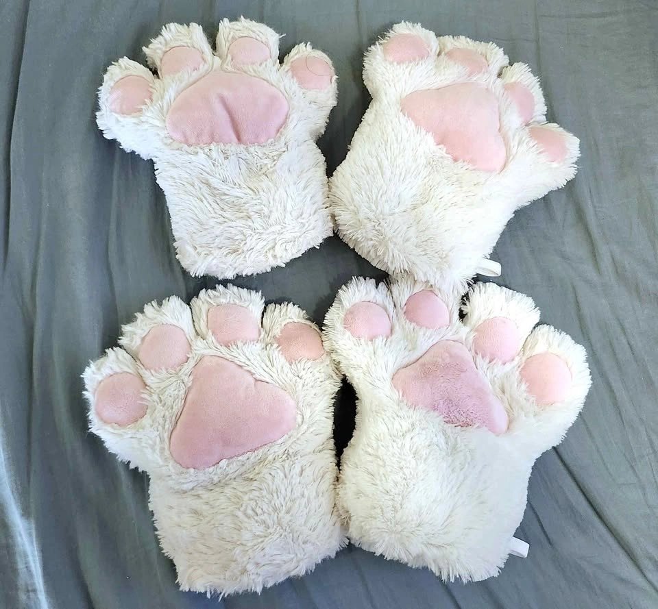 Fluffy white and pink paw gloves