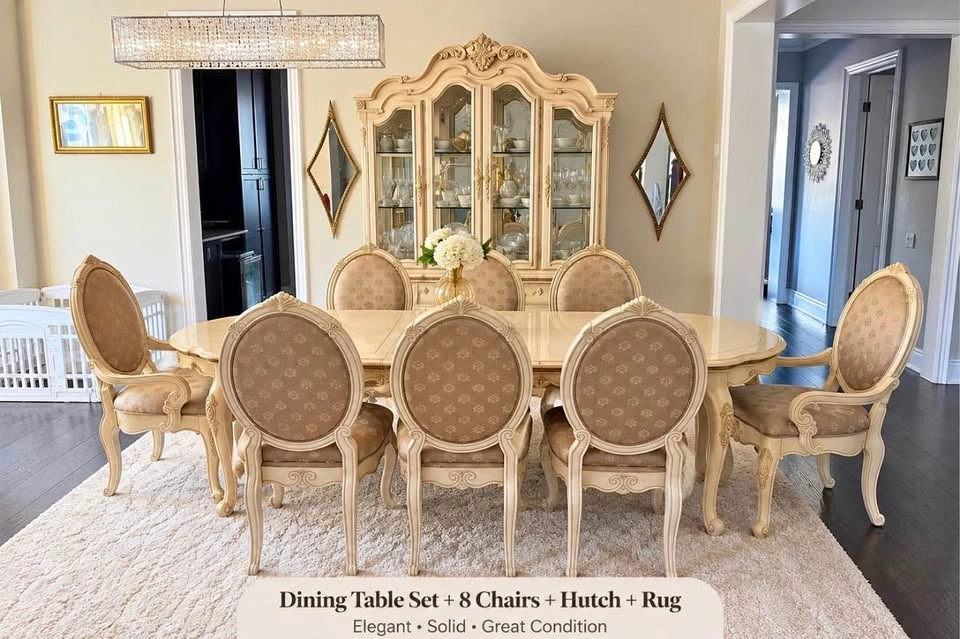 Dining Table Set + 8 Chairs + Hutch + Rug