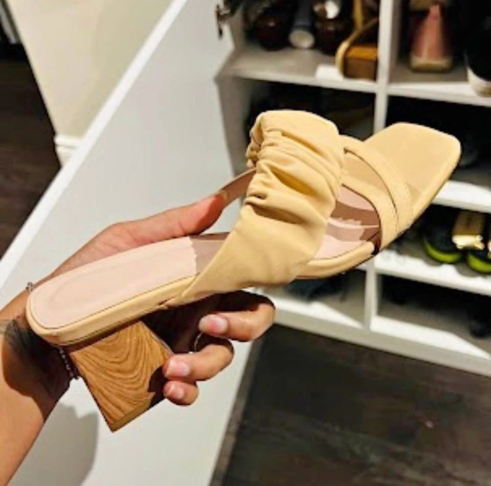 Beige Ruched Block Heel Sandals