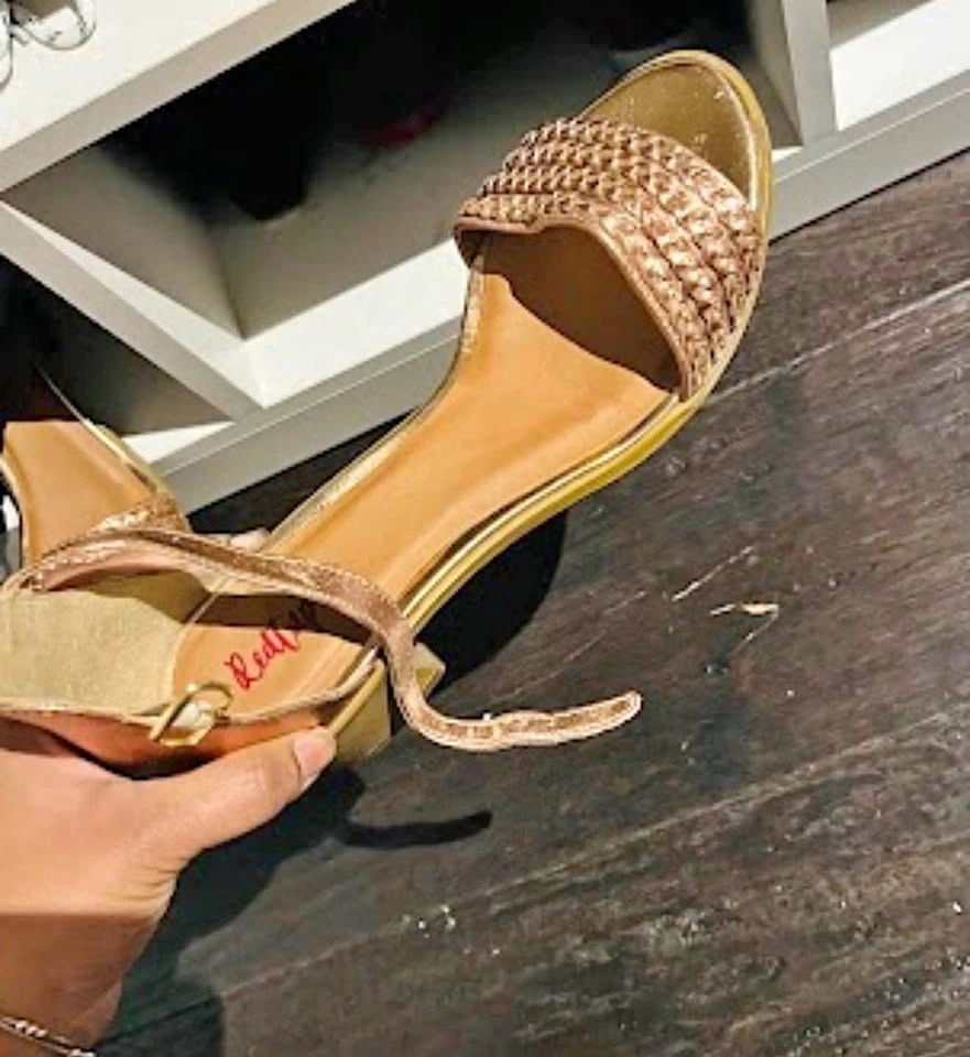 Rose Gold Metallic Braided Block Heel Sandals