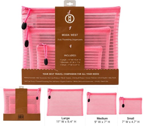 Moda West 3-Pc Pink Mesh Zipper Makeup/Travel Organizer Pouches
