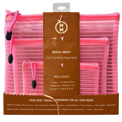 Moda West 3-Pc Pink Mesh Zipper Makeup/Travel Organizer Pouches - photo 2