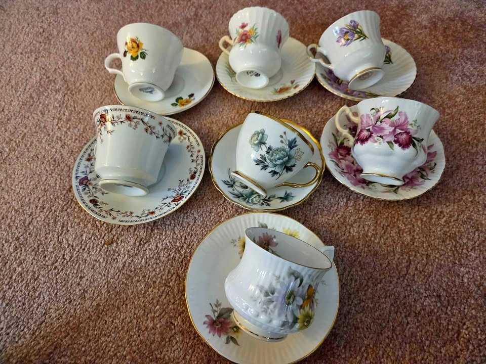 Vintage Mismatched Fine Bone China Teacup & Saucer Sets - 7 Pair