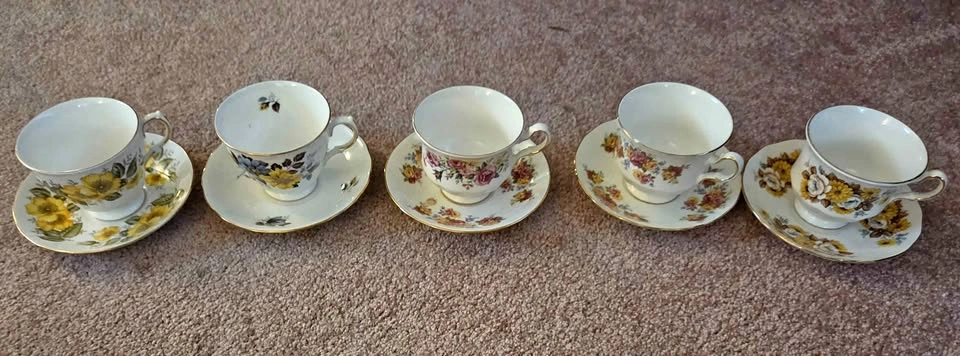 Vintage English Fine Bone China Teacup & Saucer Sets (Set of 5)