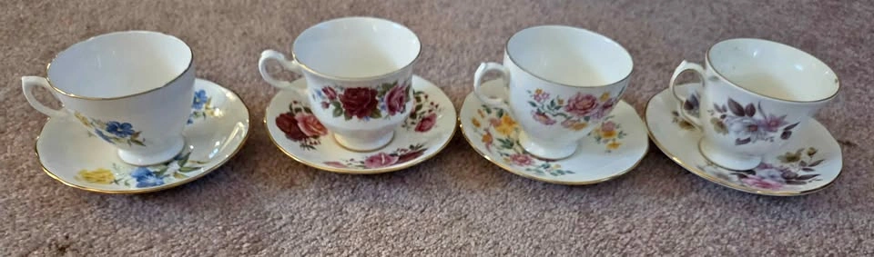 Vintage Mismatched Fine Bone China Teacup & Saucer Set of 4