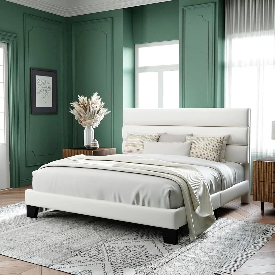 King Size Platform Bed Frame with Velvet Headboard - New