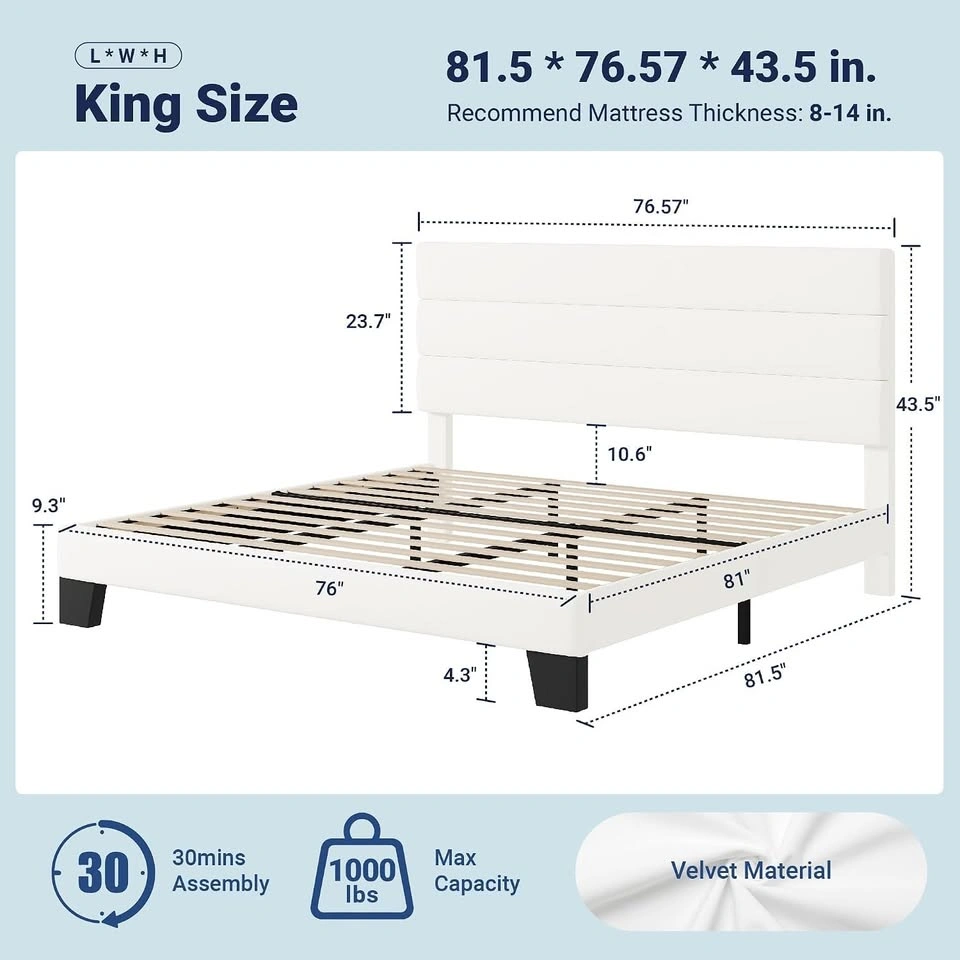 King Size Platform Bed Frame with Velvet Headboard - New - photo 3