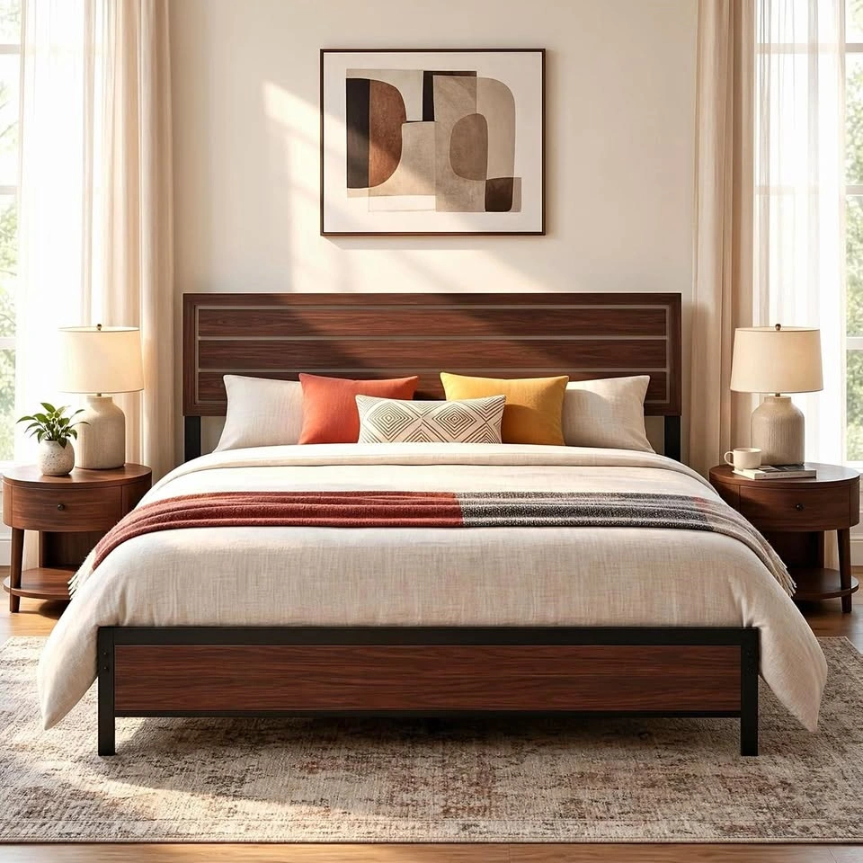Modern King Bed Frame with Heavy Duty Metal Slats