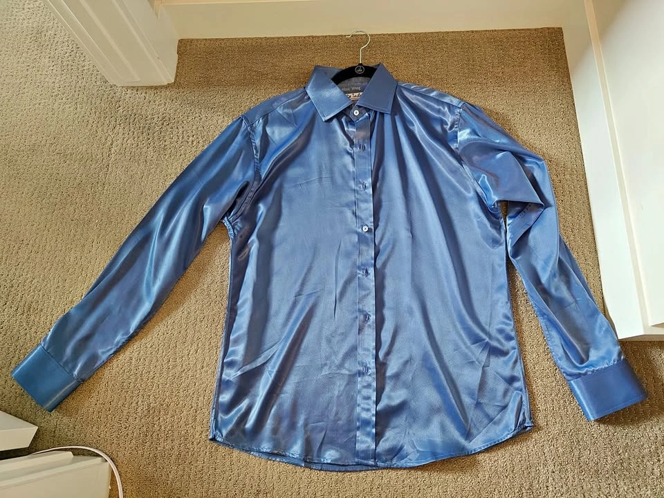 Regular Fit Blue Satin Button Up Dress Shirt - Men's Medium