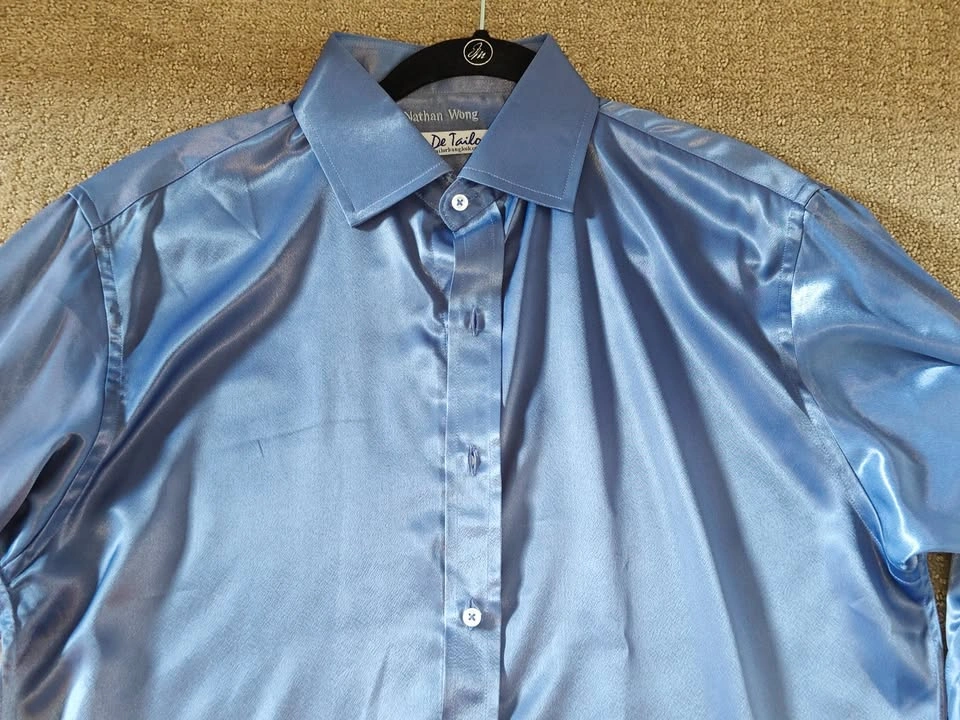 Regular Fit Blue Satin Button Up Dress Shirt - Men's Medium - photo 3
