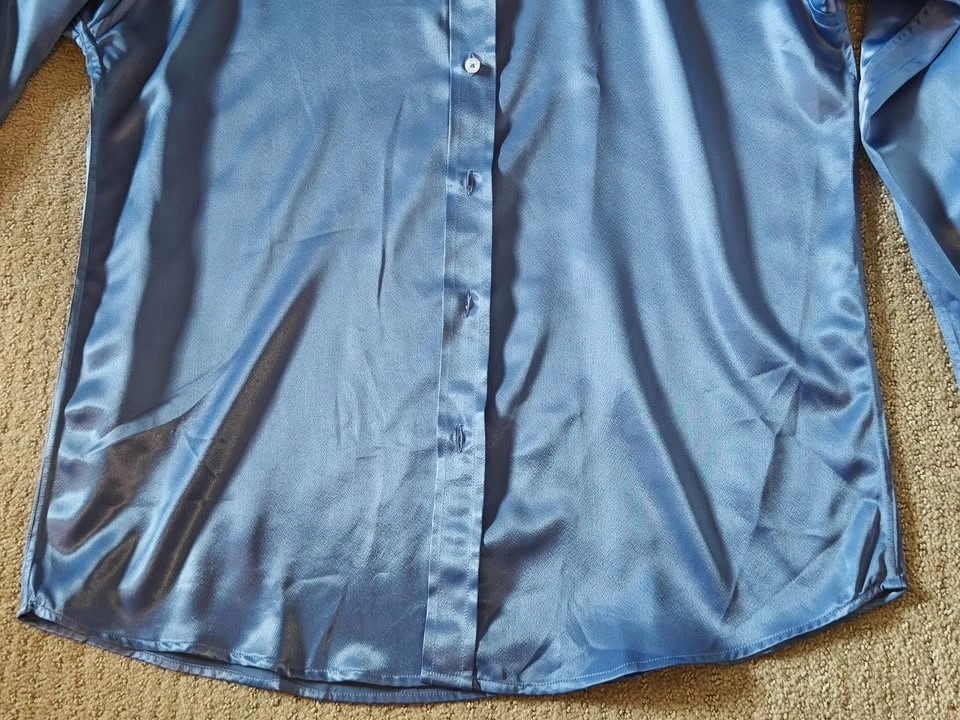 Regular Fit Blue Satin Button Up Dress Shirt - Men's Medium - photo 4