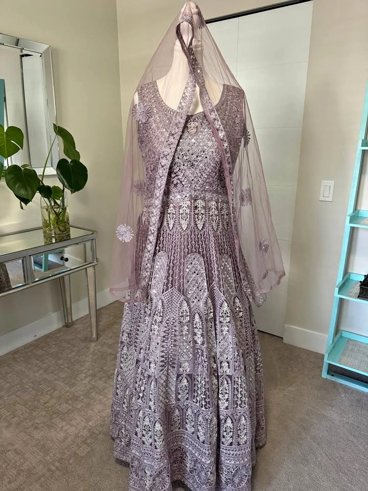 Lavender Embroidered Lehenga Gown with Dupatta