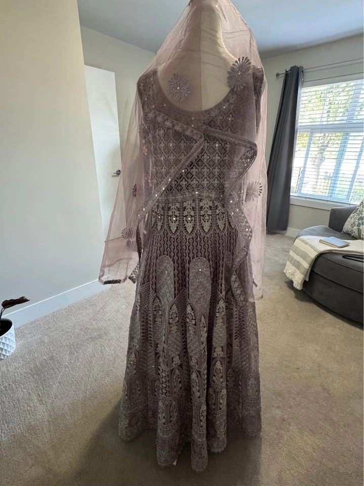 Lavender Embroidered Lehenga Gown with Dupatta - photo 3