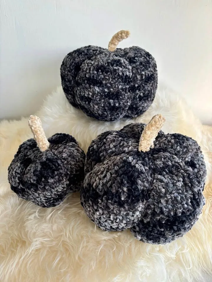 Set of 3: black velvet plush crochet pumpkins image indicator(2)