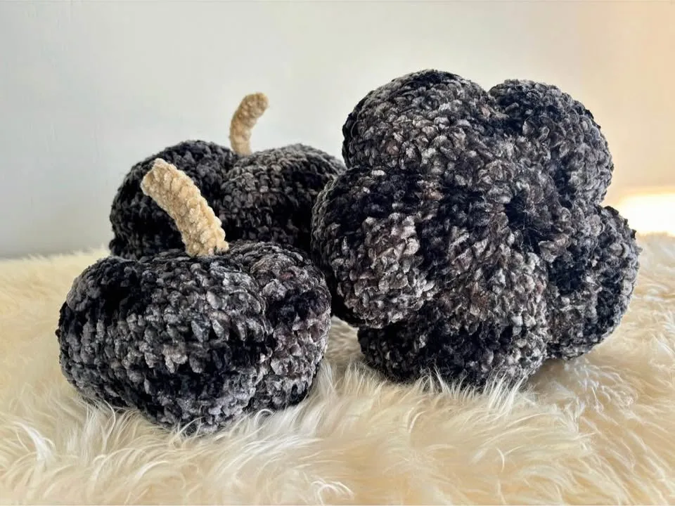 Set of 3: black velvet plush crochet pumpkins image indicator(9)