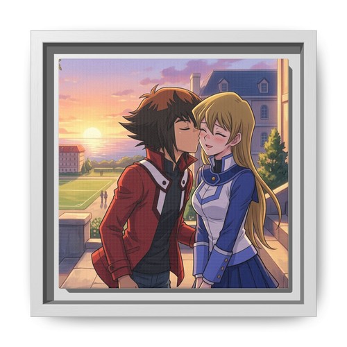 Anime Couple Kiss Matte Canvas Framed | Romantic Sunset Wall Art