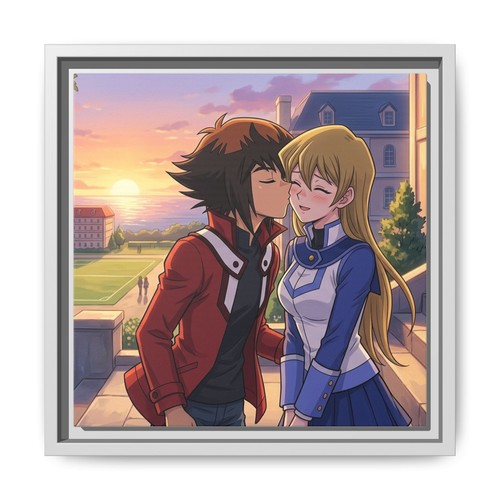 Anime Couple Kiss Matte Canvas Framed | Romantic Sunset Wall Art - photo 2