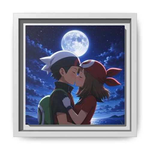 Anime Couple Kiss Matte Canvas Framed | Moonlight Night