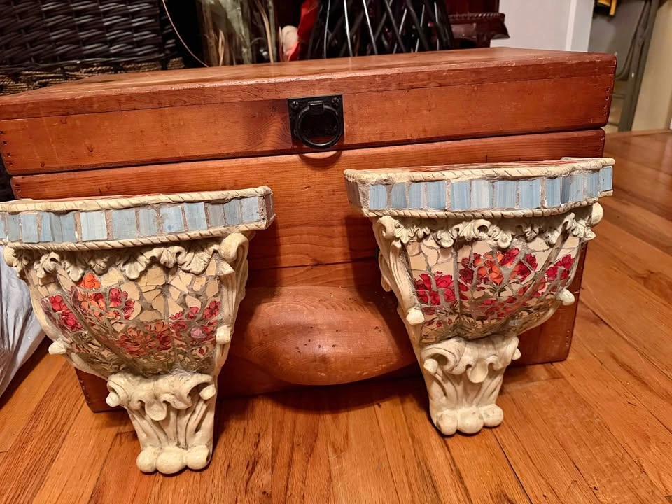 Pair of Mosaic Floral Wall Corbels Shelves