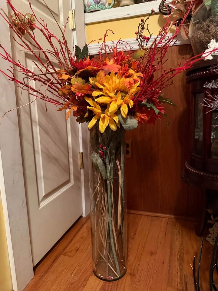 Fall Artificial Floral Arrangement in Tall Glass Vase - photo 4