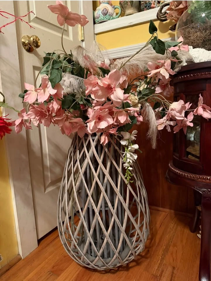 Large Woven Wicker Floor Vase with Pink Faux Flowers