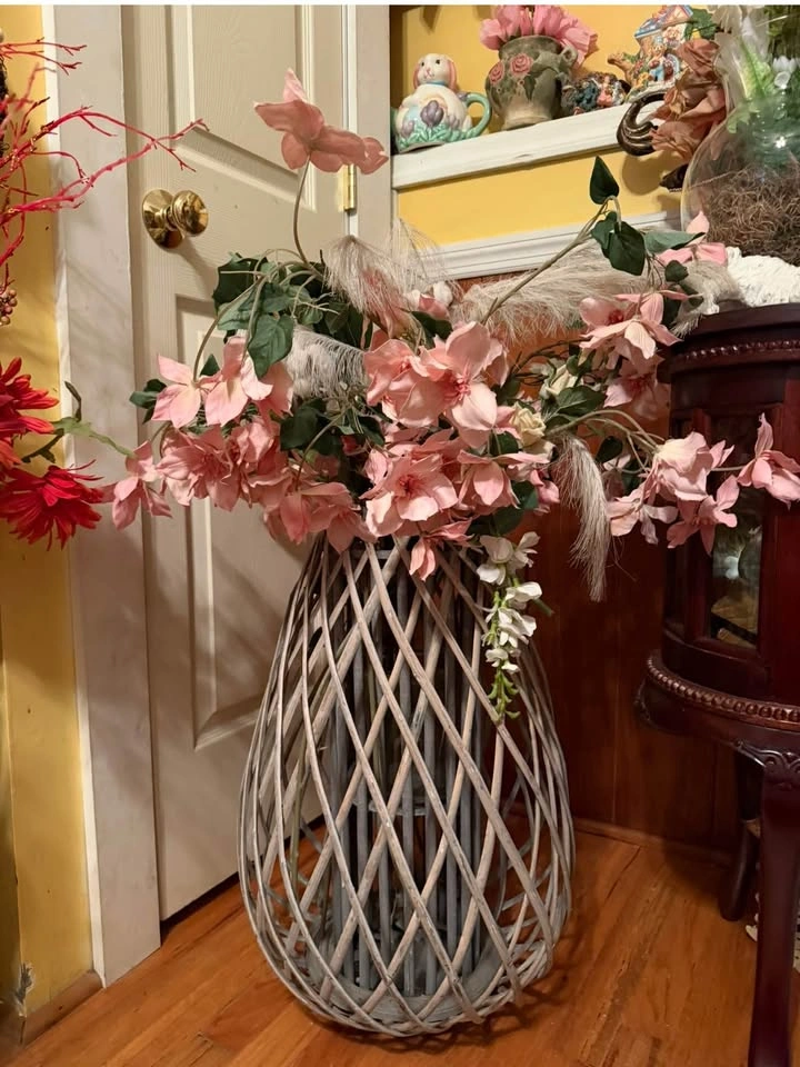Large Woven Wicker Floor Vase with Pink Faux Flowers - photo 2