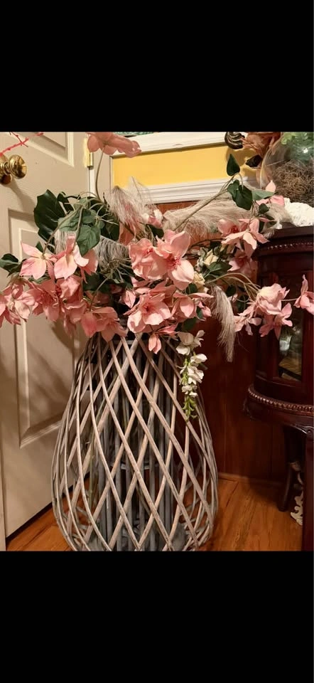 Large Woven Wicker Floor Vase with Pink Faux Flowers - photo 4