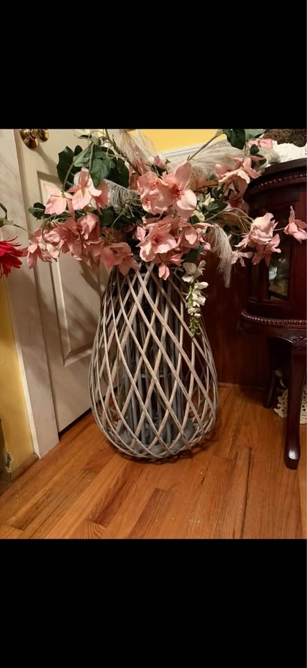 Large Woven Wicker Floor Vase with Pink Faux Flowers - photo 5