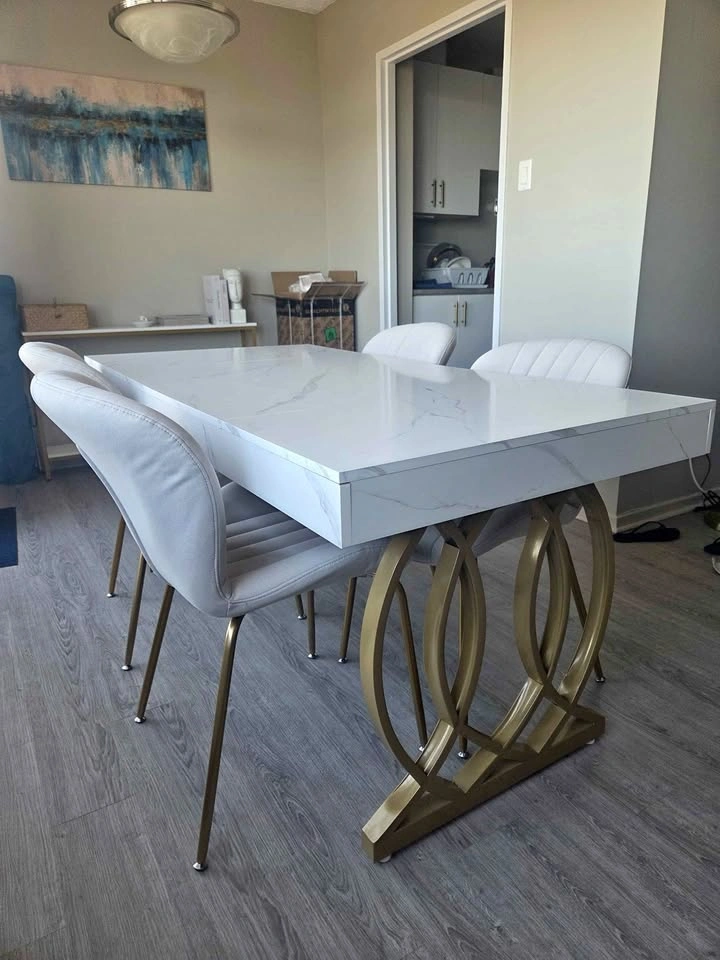 MOVING SALE- White faux marble dining table Gold legs seats 6