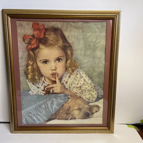 Vintage Framed Lithograph Print of Girl 'shushing' with Sleeping