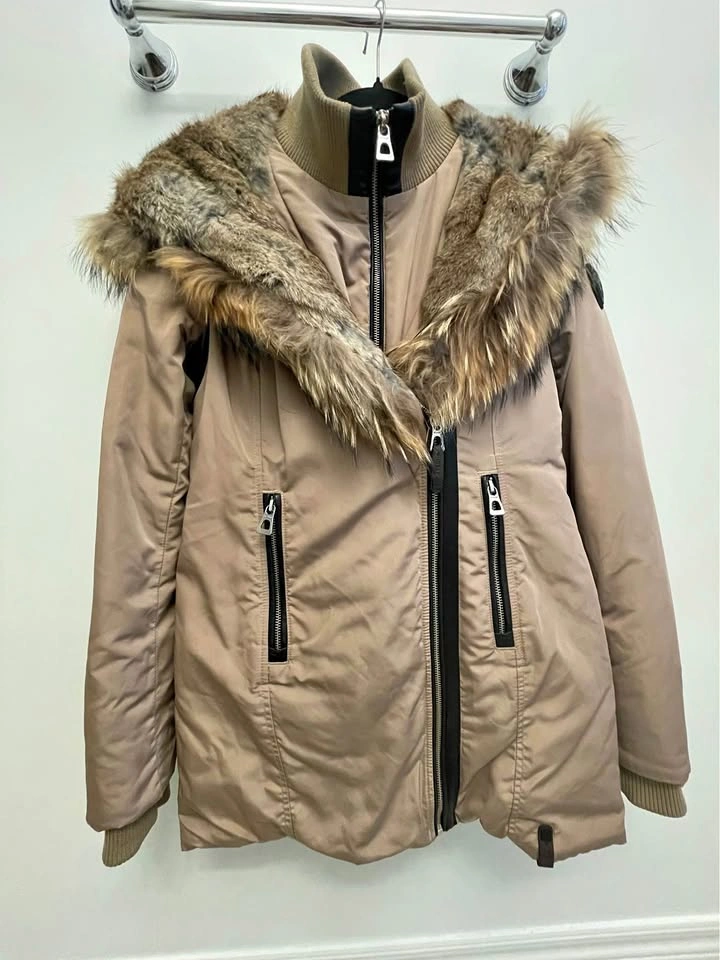 Rudsak Down fur hood leather trim winter coat sz small women’s