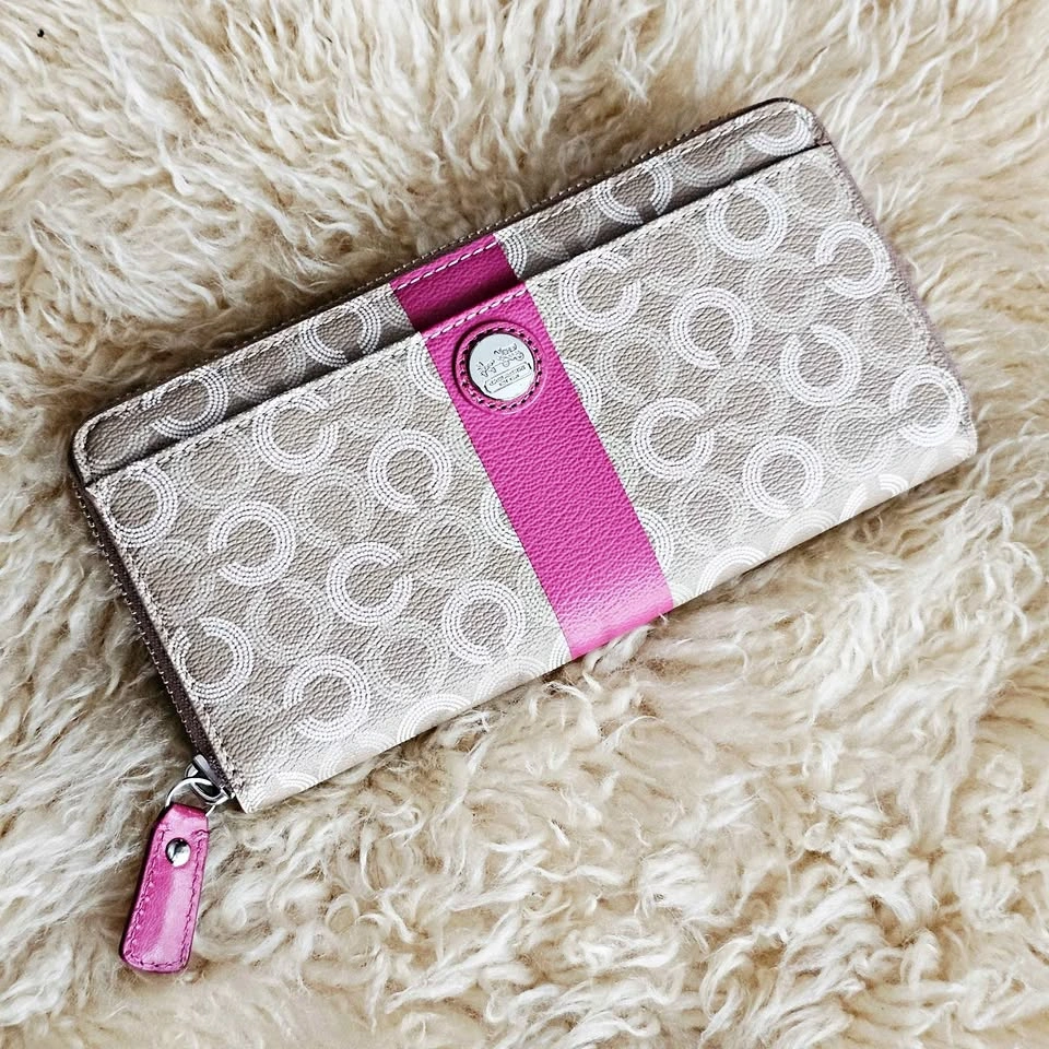 Coach Signature Tan Beige Pink Zip Around Continental Wallet