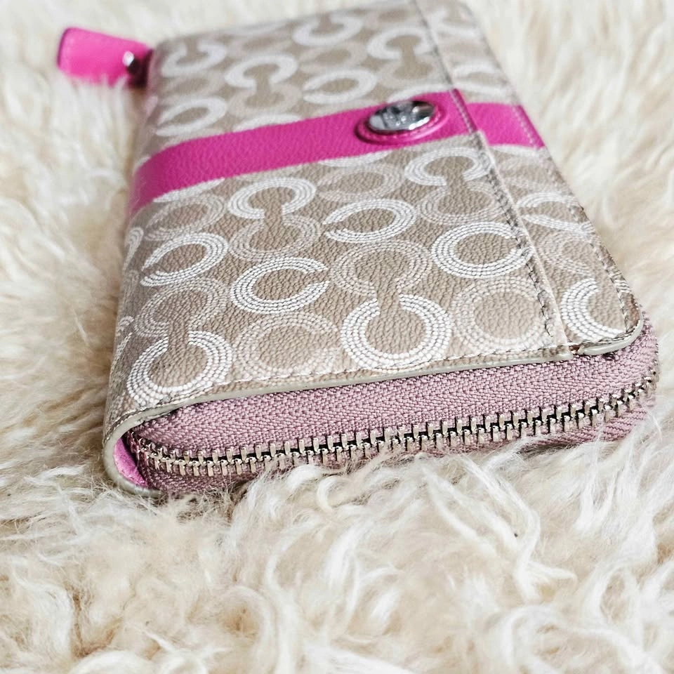 Coach Signature Tan Beige Pink Zip Around Continental Wallet - photo 5