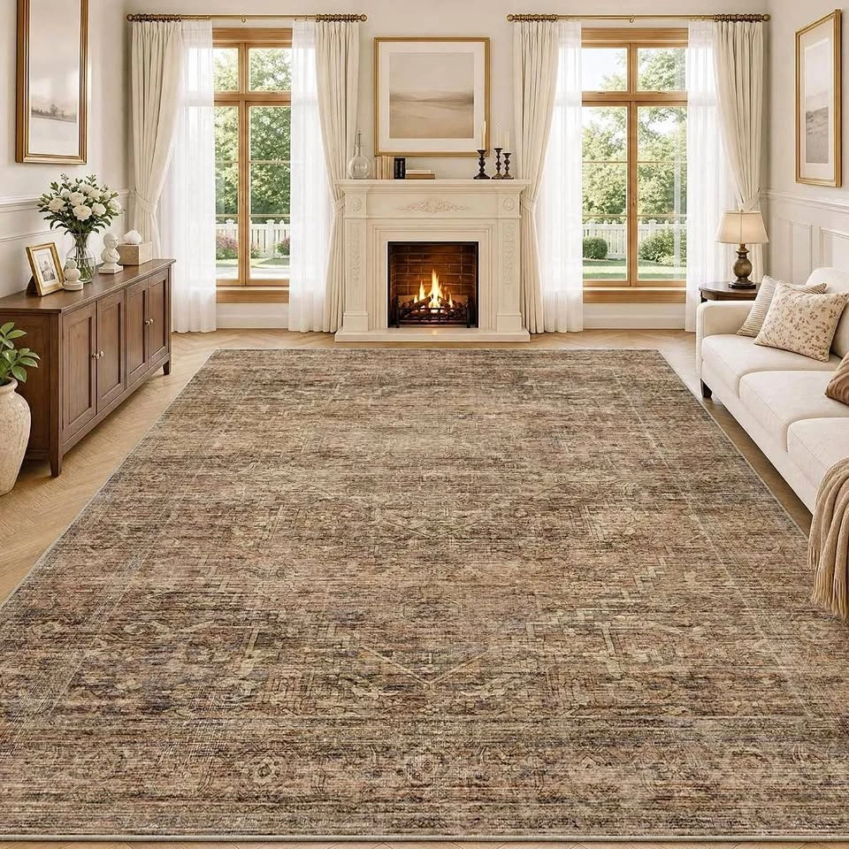 8x10 Washable Rust Brown Neutral Vintage Area Rug