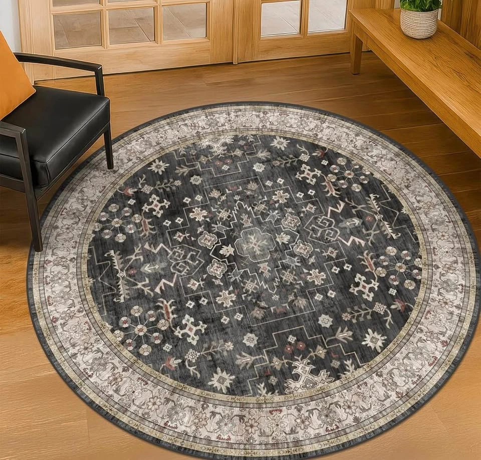 5ft Boho Round Rug - Washable Dark Vintage Circle Carpet