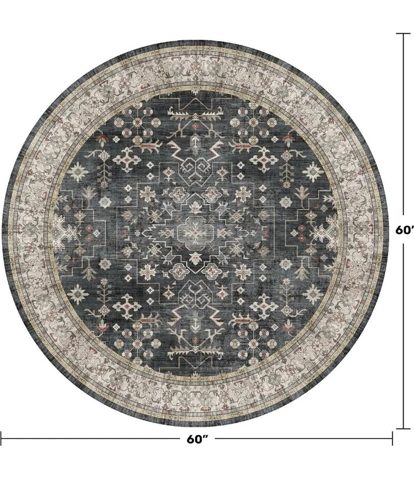 5ft Boho Round Rug - Washable Dark Vintage Circle Carpet - photo 2