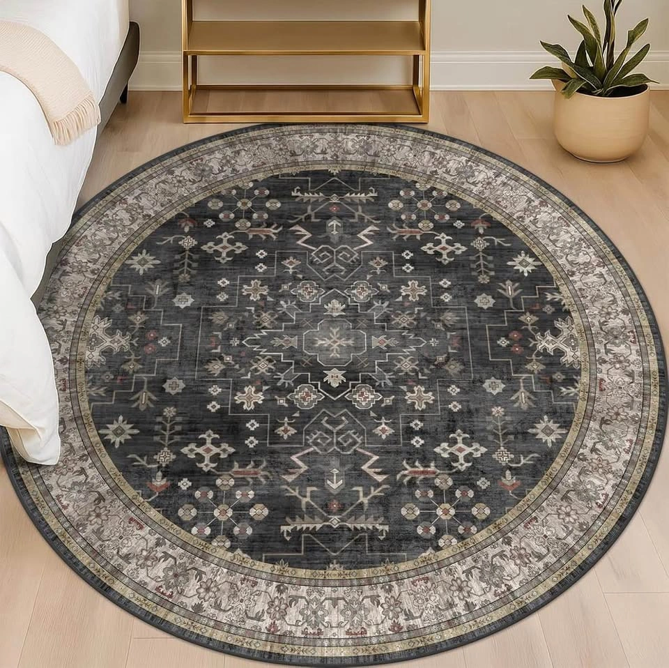 5ft Boho Round Rug - Washable Dark Vintage Circle Carpet - photo 3