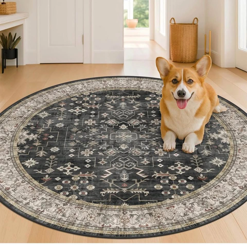 5ft Boho Round Rug - Washable Dark Vintage Circle Carpet - photo 5